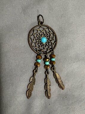 Turquoise and Bronze Dreamcatcher Pendant Necklace - Boho Women Jewelry